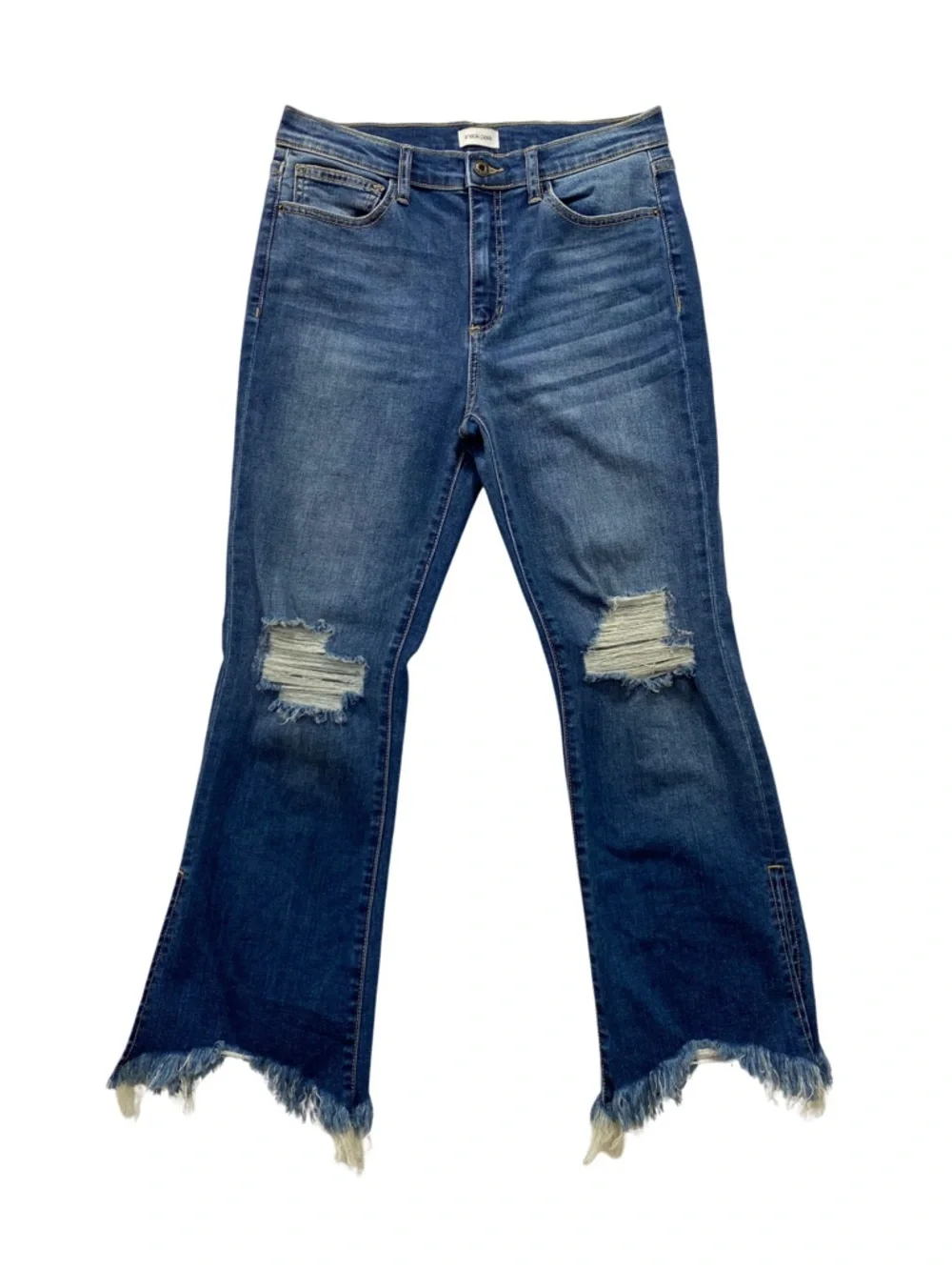 Sneak Peek Distressed Cropped Jeans 31 Raw Fringe Slit Hem Medium Wash